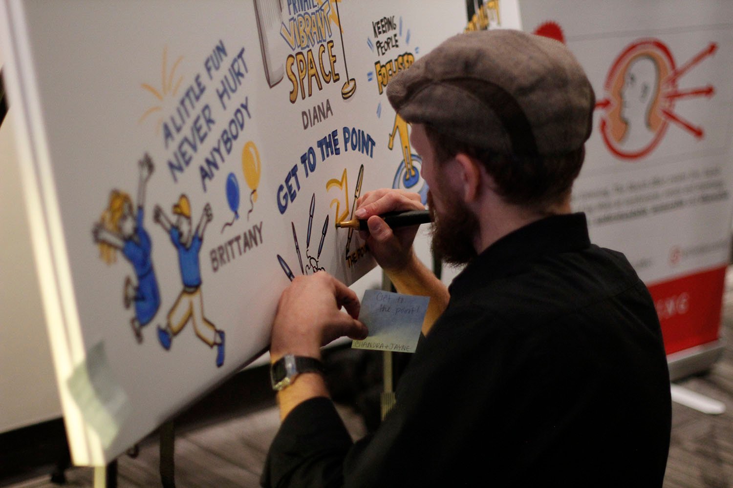 Artist drawing on a whiteboard showcasing the power of financial services graphic recording.