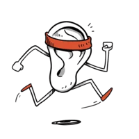 Sketch: An ear with arms and legs wearing a bandana sprinting.